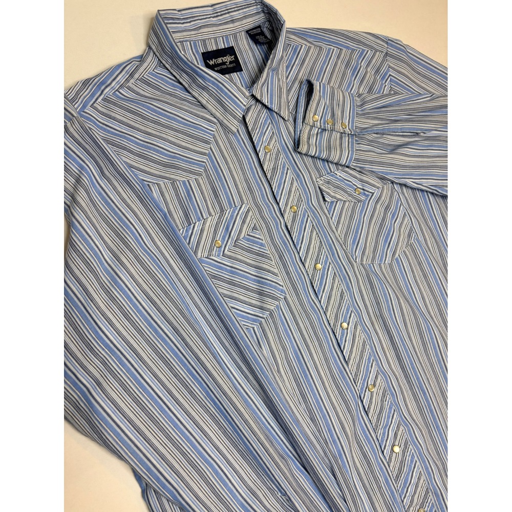 Wrangler Western Shirt Mens 2XT Blue Striped Pearl Snap Long Sleeve Tall Pockets